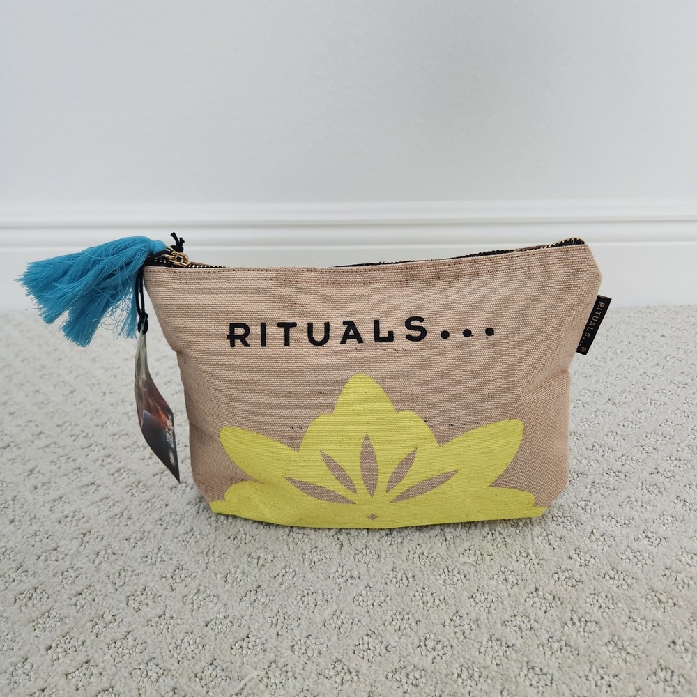 Rituals x Tiny Miracles Jute Cotton Pouch Bag Beige Yellow Lotus Flower NWT